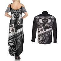 Black Polynesia Couples Matching Summer Maxi Dress and Long Sleeve Button Shirt Tribal Pattern Tropical Frangipani LT14 - Polynesian Pride