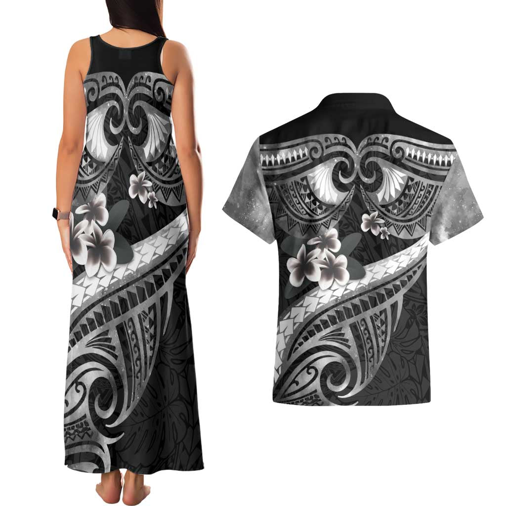 Black Polynesia Couples Matching Tank Maxi Dress and Hawaiian Shirt Tribal Pattern Tropical Frangipani LT14 - Polynesian Pride
