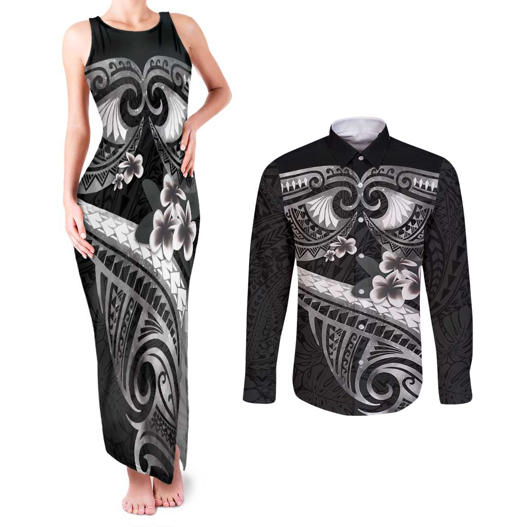 Black Polynesia Couples Matching Tank Maxi Dress and Long Sleeve Button Shirt Tribal Pattern Tropical Frangipani LT14 Black - Polynesian Pride