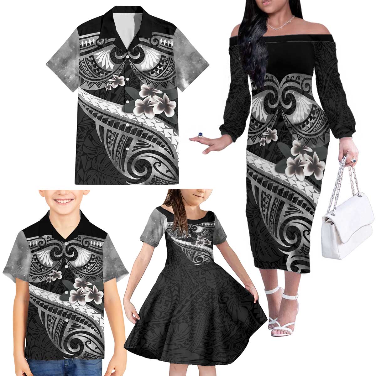 Black Polynesia Family Matching Off The Shoulder Long Sleeve Dress and Hawaiian Shirt Tribal Pattern Tropical Frangipani LT14 - Polynesian Pride