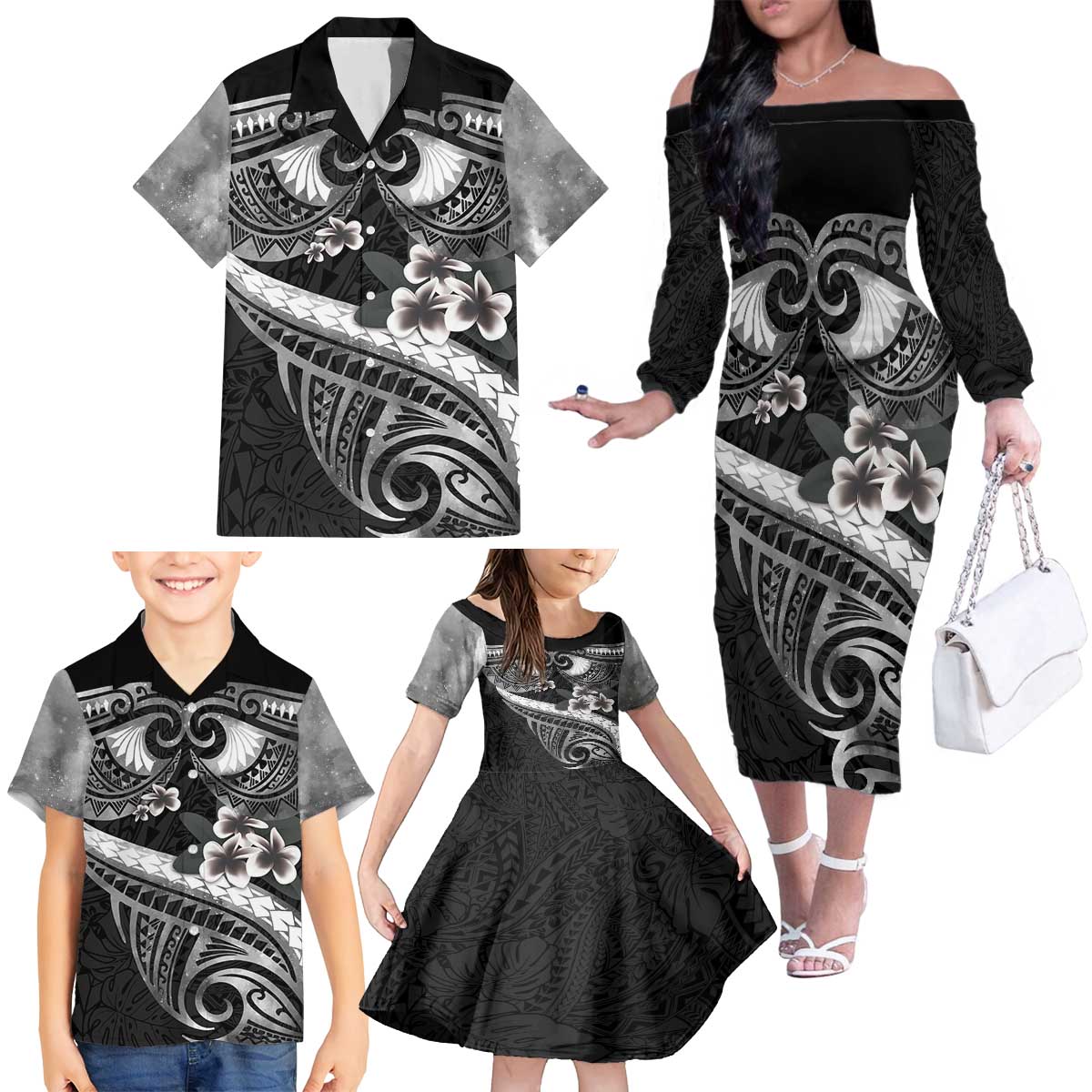 Black Polynesia Family Matching Off The Shoulder Long Sleeve Dress and Hawaiian Shirt Tribal Pattern Tropical Frangipani