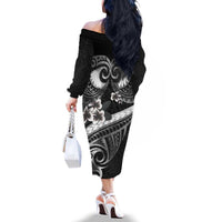 Black Polynesia Family Matching Off The Shoulder Long Sleeve Dress and Hawaiian Shirt Tribal Pattern Tropical Frangipani LT14 - Polynesian Pride