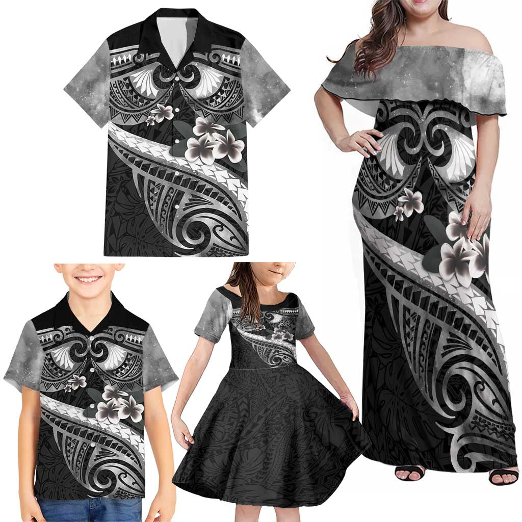 Black Polynesia Family Matching Off Shoulder Maxi Dress and Hawaiian Shirt Tribal Pattern Tropical Frangipani