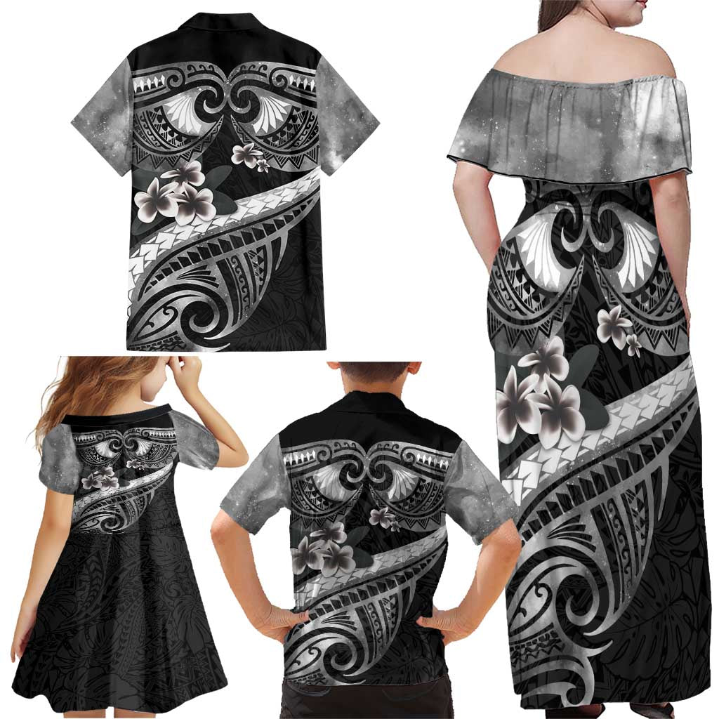 Black Polynesia Family Matching Off Shoulder Maxi Dress and Hawaiian Shirt Tribal Pattern Tropical Frangipani LT14 - Polynesian Pride