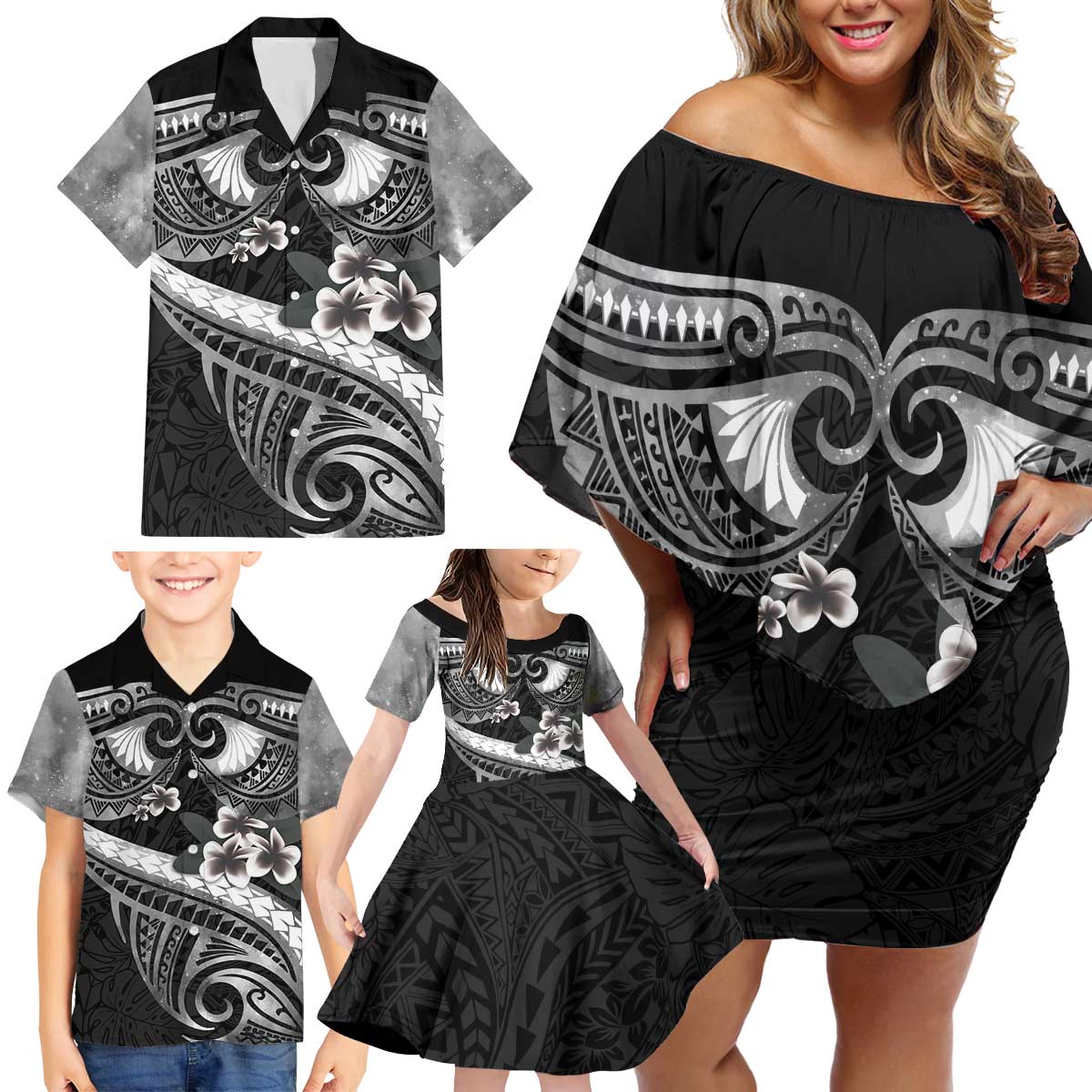 Black Polynesia Family Matching Off Shoulder Short Dress and Hawaiian Shirt Tribal Pattern Tropical Frangipani