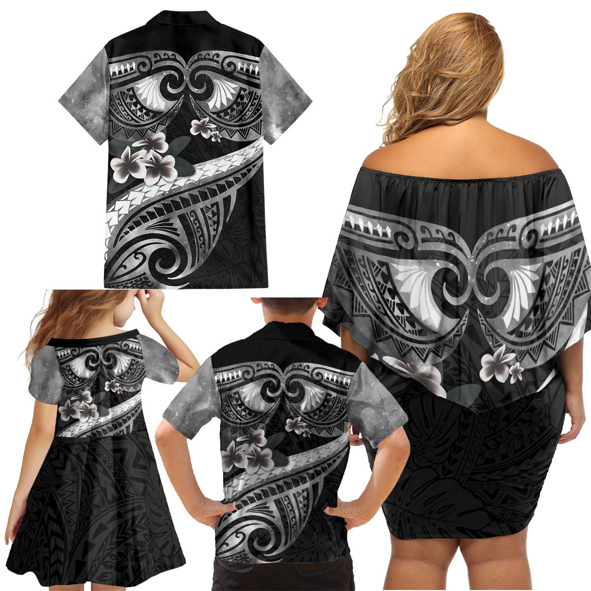 Black Polynesia Family Matching Off Shoulder Short Dress and Hawaiian Shirt Tribal Pattern Tropical Frangipani LT14 - Polynesian Pride