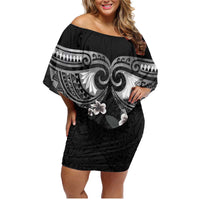 Black Polynesia Family Matching Off Shoulder Short Dress and Hawaiian Shirt Tribal Pattern Tropical Frangipani LT14 Mom's Dress Black - Polynesian Pride