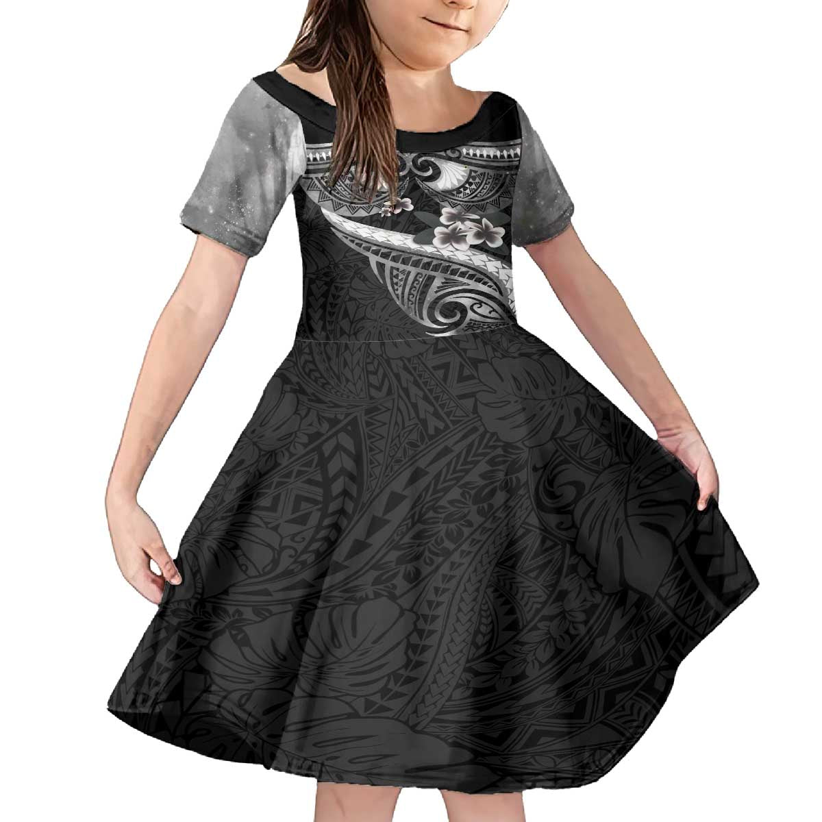 Black Polynesia Family Matching Puletasi and Hawaiian Shirt Tribal Pattern Tropical Frangipani LT14 Daughter's Dress Black - Polynesian Pride