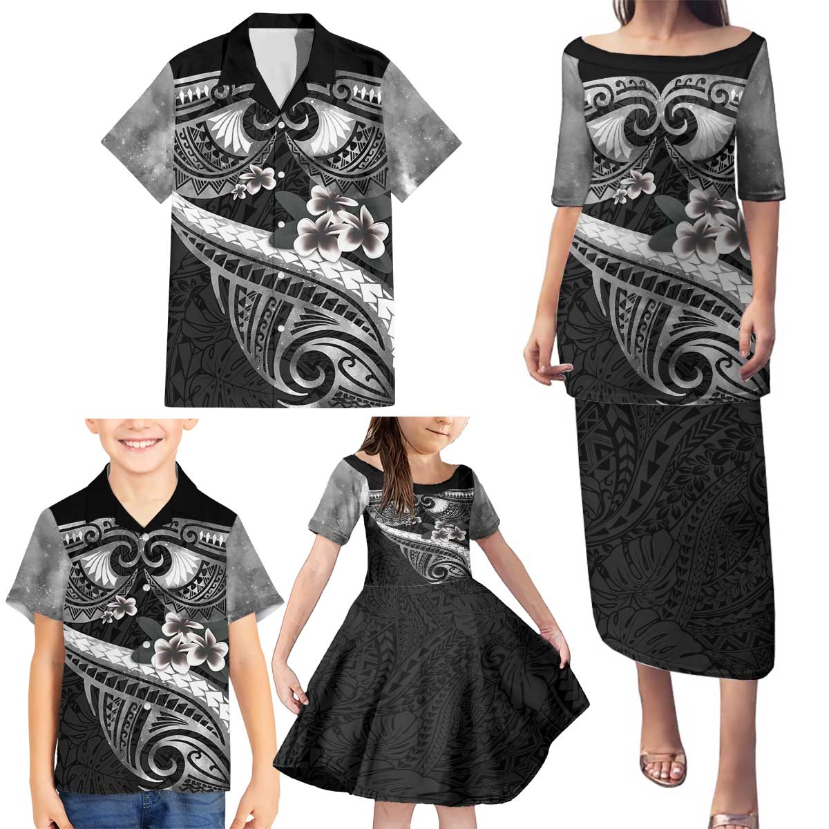 Black Polynesia Family Matching Puletasi and Hawaiian Shirt Tribal Pattern Tropical Frangipani LT14 - Polynesian Pride