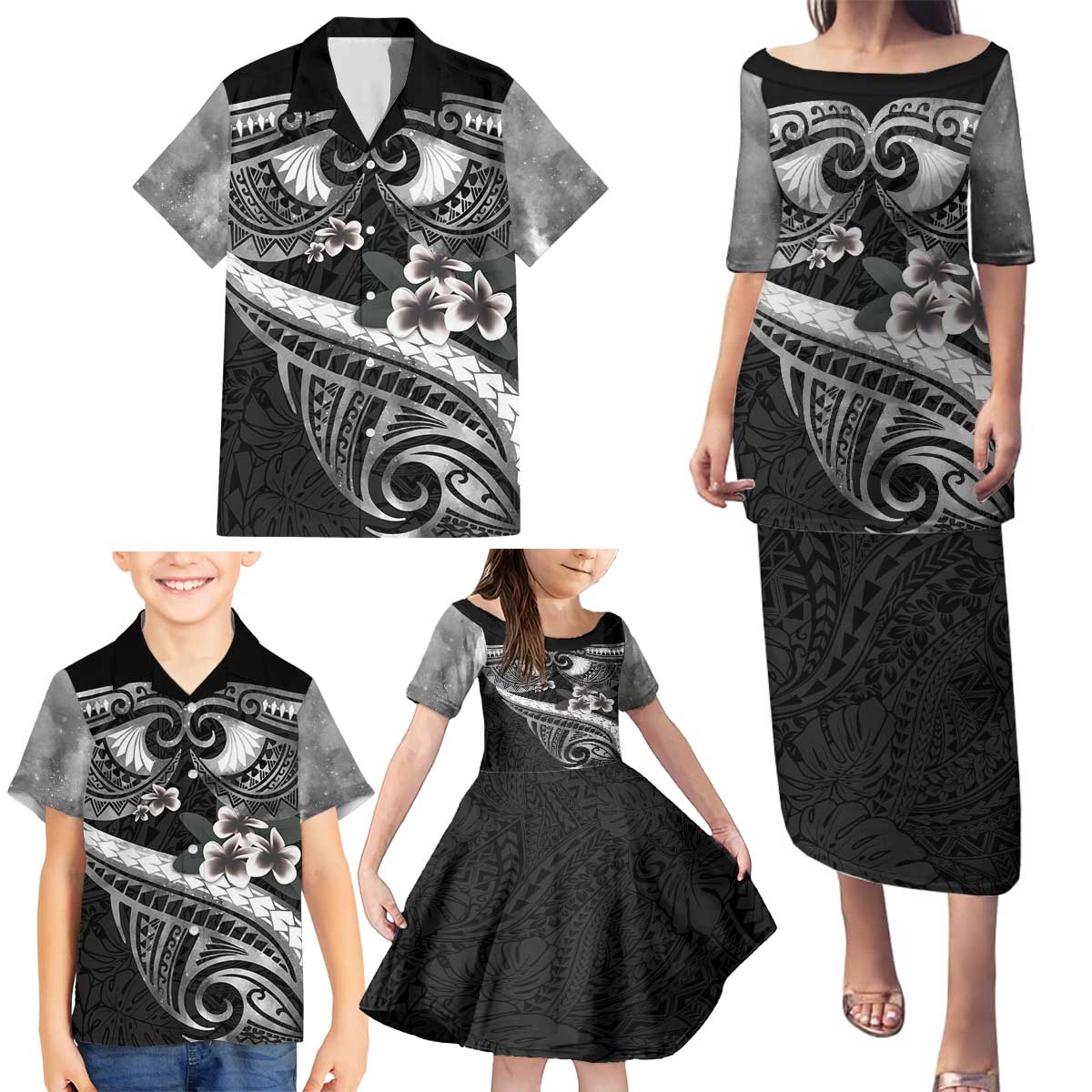 Black Polynesia Family Matching Puletasi and Hawaiian Shirt Tribal Pattern Tropical Frangipani