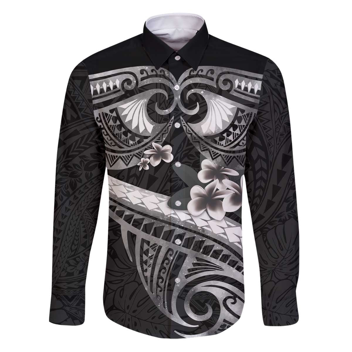 Black Polynesia Family Matching Puletasi and Hawaiian Shirt Tribal Pattern Tropical Frangipani LT14 Dad's Shirt - Long Sleeve Black - Polynesian Pride