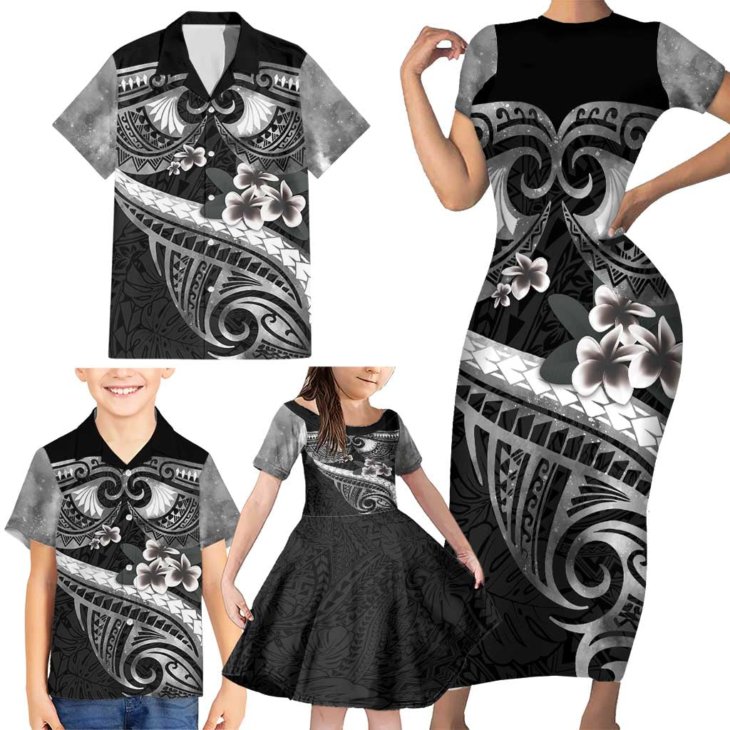 Black Polynesia Family Matching Short Sleeve Bodycon Dress and Hawaiian Shirt Tribal Pattern Tropical Frangipani LT14 - Polynesian Pride