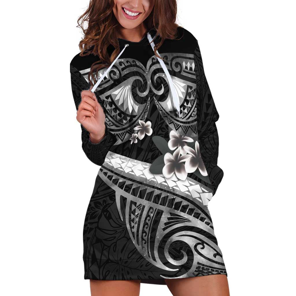 Black Polynesia Hoodie Dress Tribal Pattern Tropical Frangipani