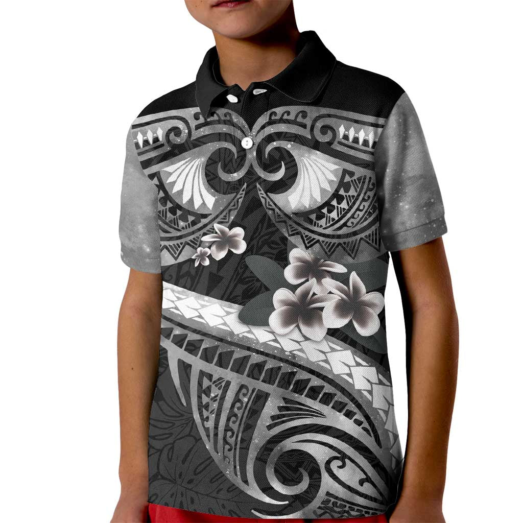 Black Polynesia Kid Polo Shirt Tribal Pattern Tropical Frangipani