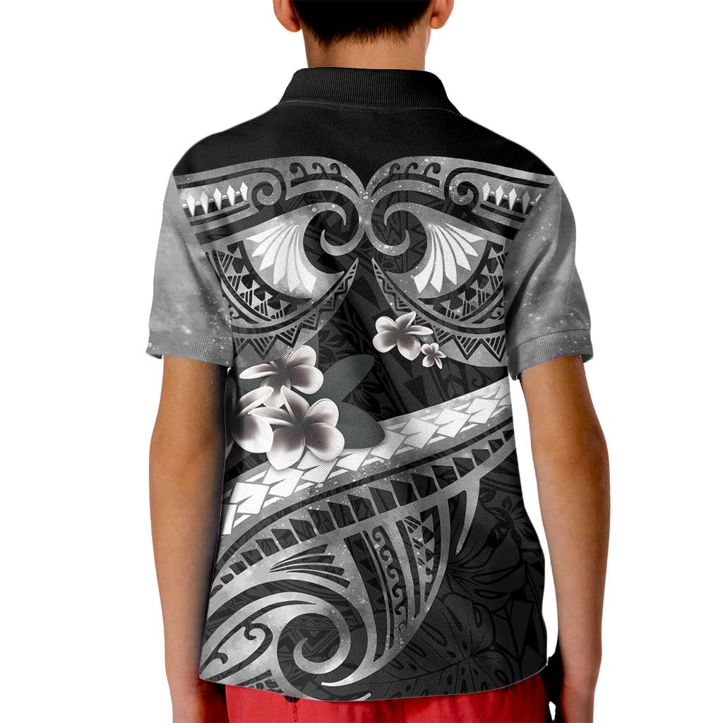 Black Polynesia Kid Polo Shirt Tribal Pattern Tropical Frangipani