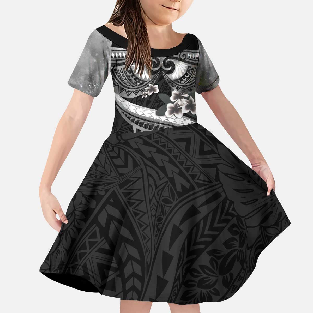 Black Polynesia Kid Short Sleeve Dress Tribal Pattern Tropical Frangipani