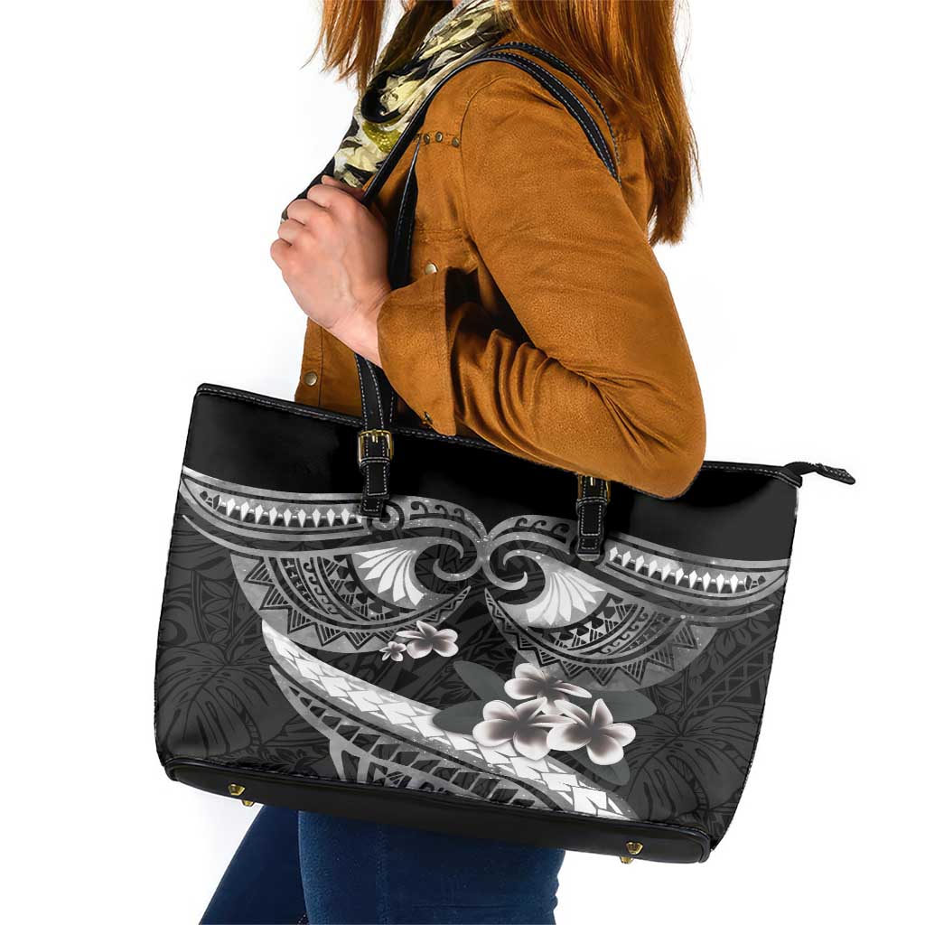 Black Polynesia Leather Tote Bag Tribal Pattern Tropical Frangipani LT14 Black - Polynesian Pride