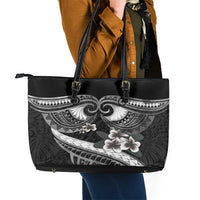 Black Polynesia Leather Tote Bag Tribal Pattern Tropical Frangipani LT14 - Polynesian Pride