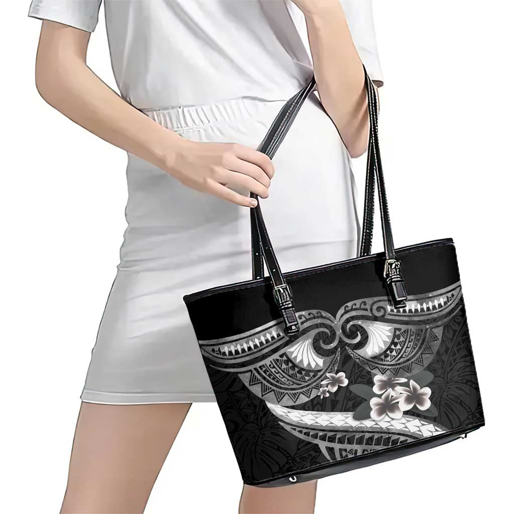 Black Polynesia Leather Tote Bag Tribal Pattern Tropical Frangipani LT14 - Polynesian Pride