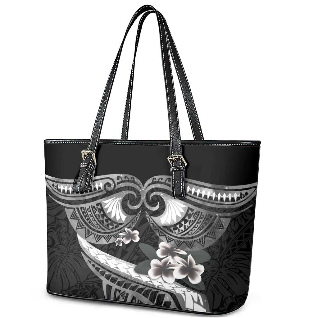 Black Polynesia Leather Tote Bag Tribal Pattern Tropical Frangipani LT14 - Polynesian Pride