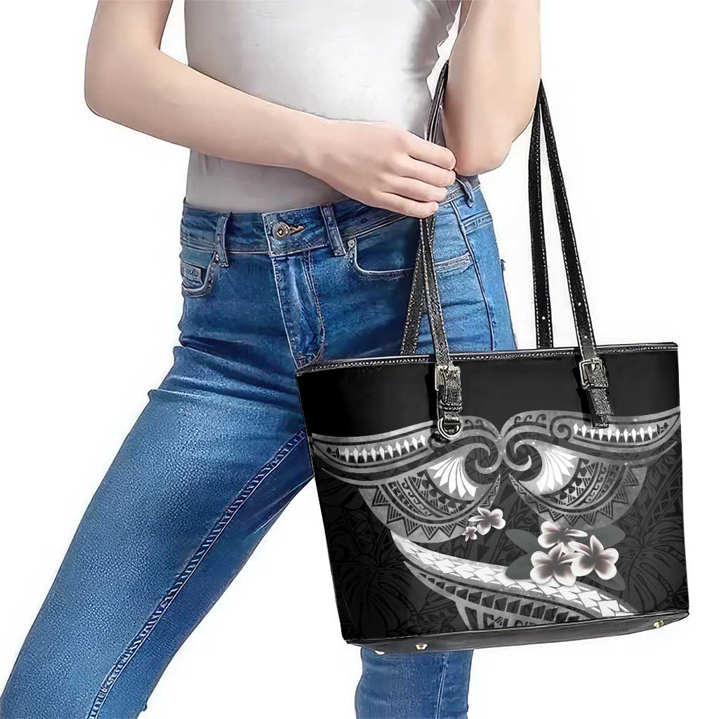 Black Polynesia Leather Tote Bag Tribal Pattern Tropical Frangipani LT14 - Polynesian Pride