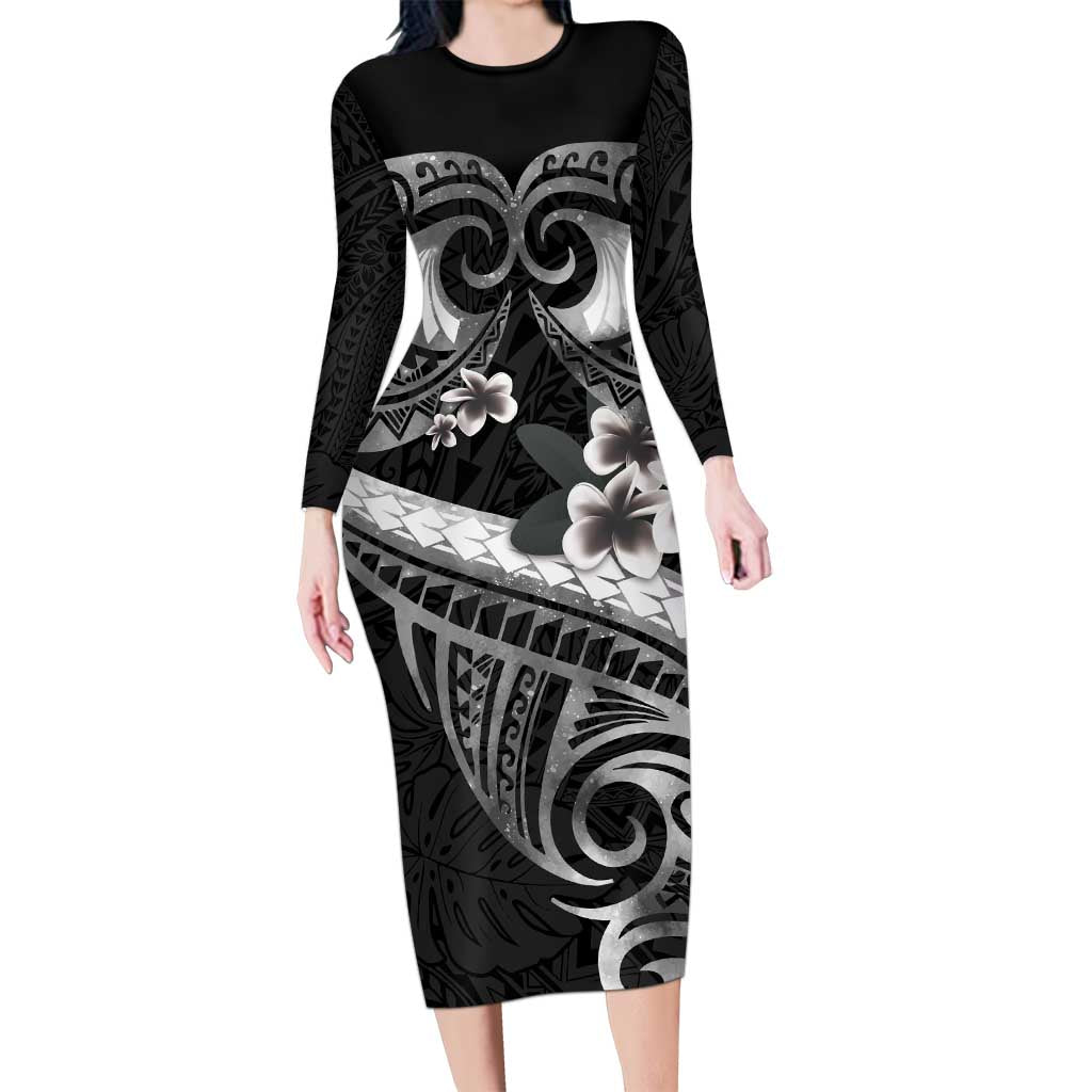 Black Polynesia Long Sleeve Bodycon Dress Tribal Pattern Tropical Frangipani