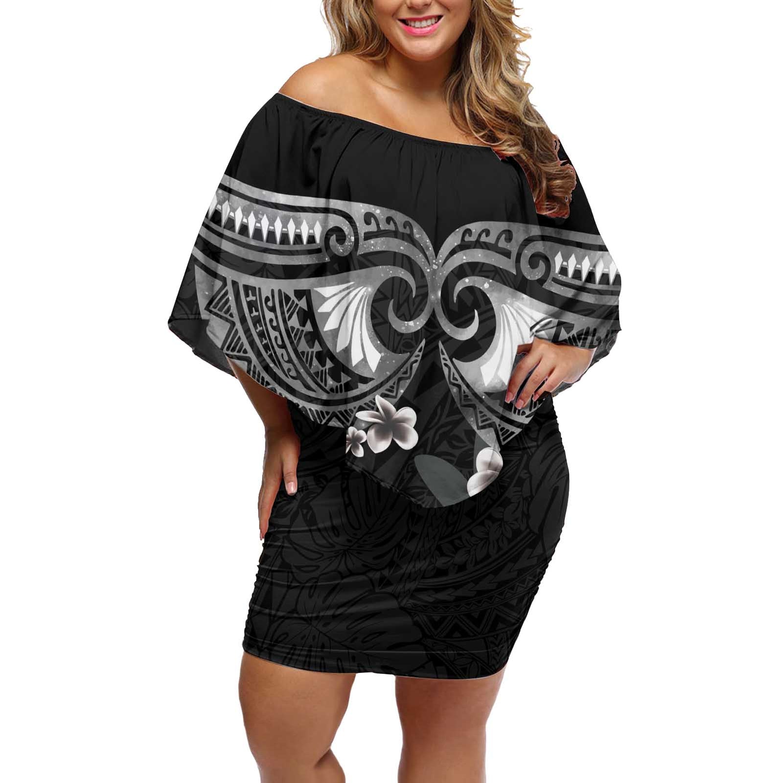 Black Polynesia Off Shoulder Short Dress Tribal Pattern Tropical Frangipani LT14 Women Black - Polynesian Pride