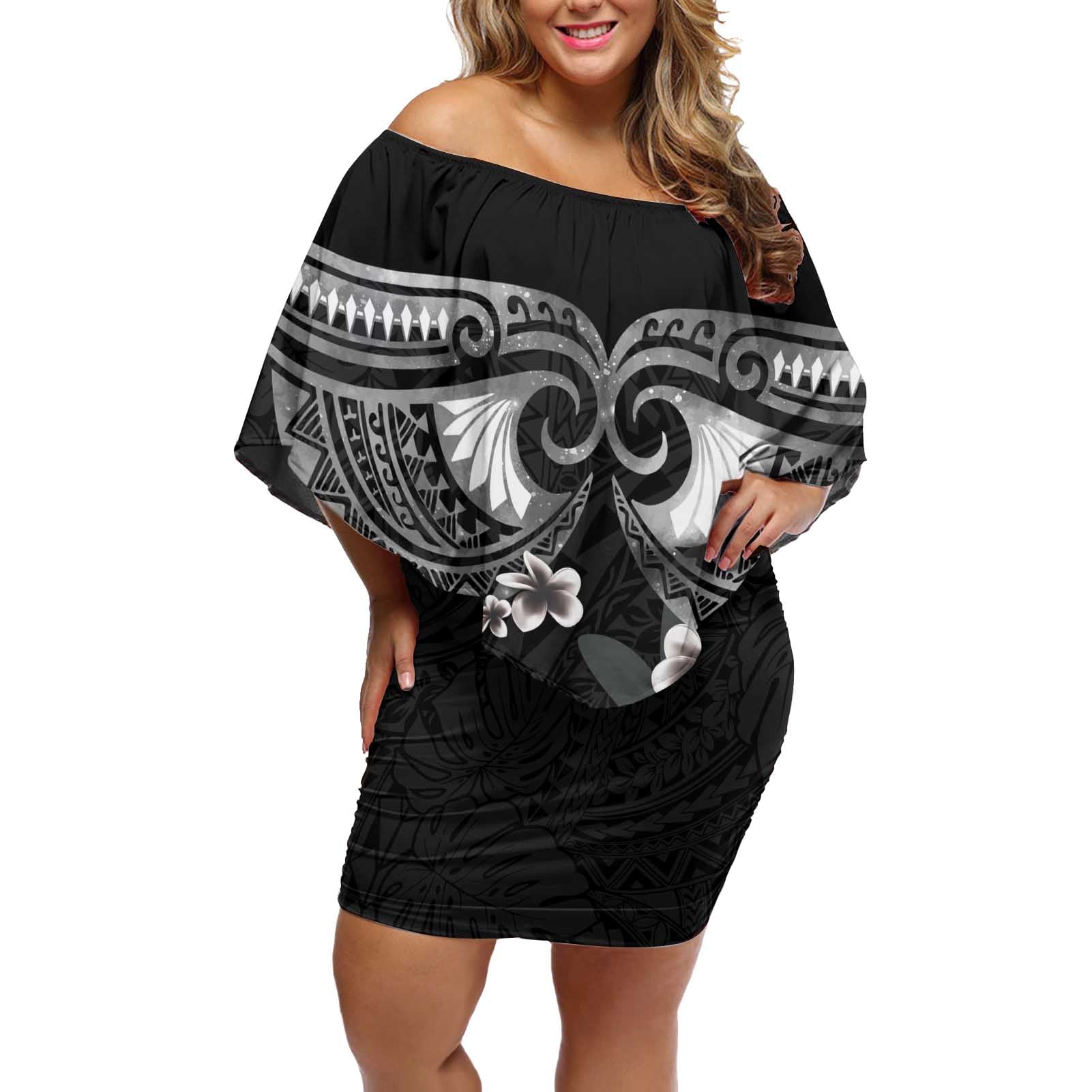 Black Polynesia Off Shoulder Short Dress Tribal Pattern Tropical Frangipani