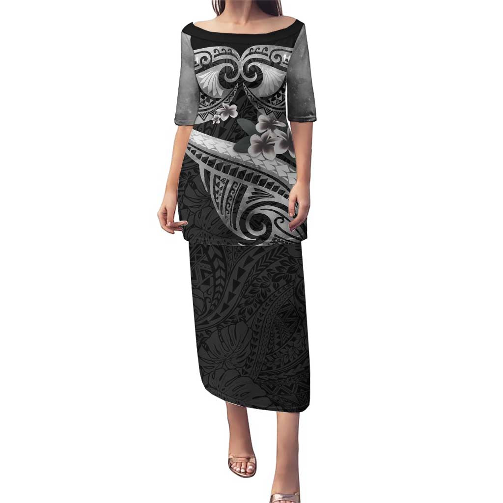 Black Polynesia Puletasi Tribal Pattern Tropical Frangipani LT14 Long Dress Black - Polynesian Pride