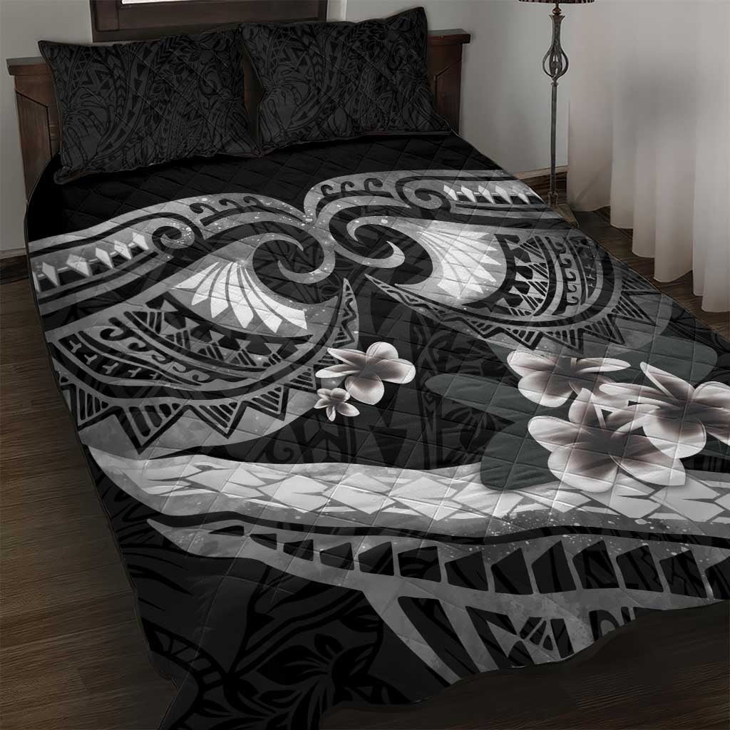 Black Polynesia Quilt Bed Set Tribal Pattern Tropical Frangipani