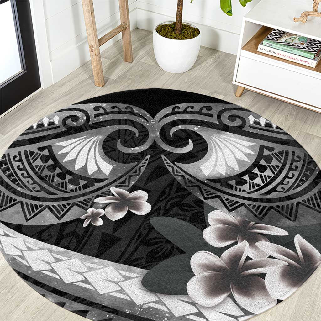 Black Polynesia Round Carpet Tribal Pattern Tropical Frangipani