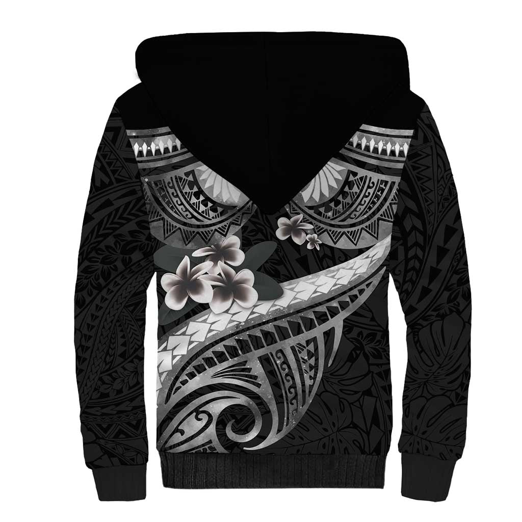 Black Polynesia Sherpa Hoodie Tribal Pattern Tropical Frangipani LT14 - Polynesian Pride