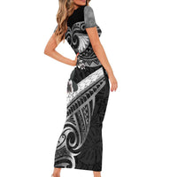 Black Polynesia Short Sleeve Bodycon Dress Tribal Pattern Tropical Frangipani