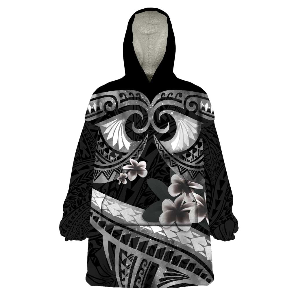 Black Polynesia Wearable Blanket Hoodie Tribal Pattern Tropical Frangipani