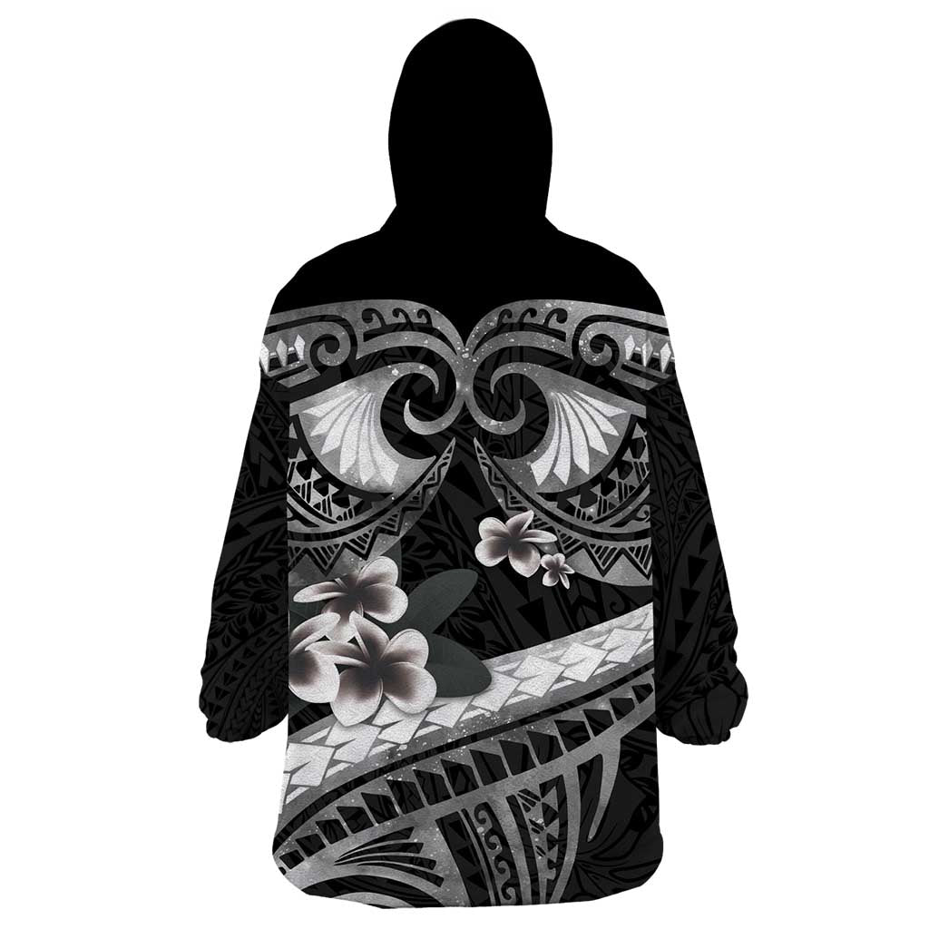 Black Polynesia Wearable Blanket Hoodie Tribal Pattern Tropical Frangipani LT14 - Polynesian Pride