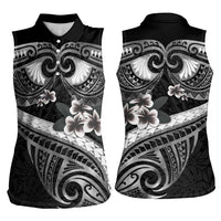 Black Polynesia Women Sleeveless Polo Shirt Tribal Pattern Tropical Frangipani