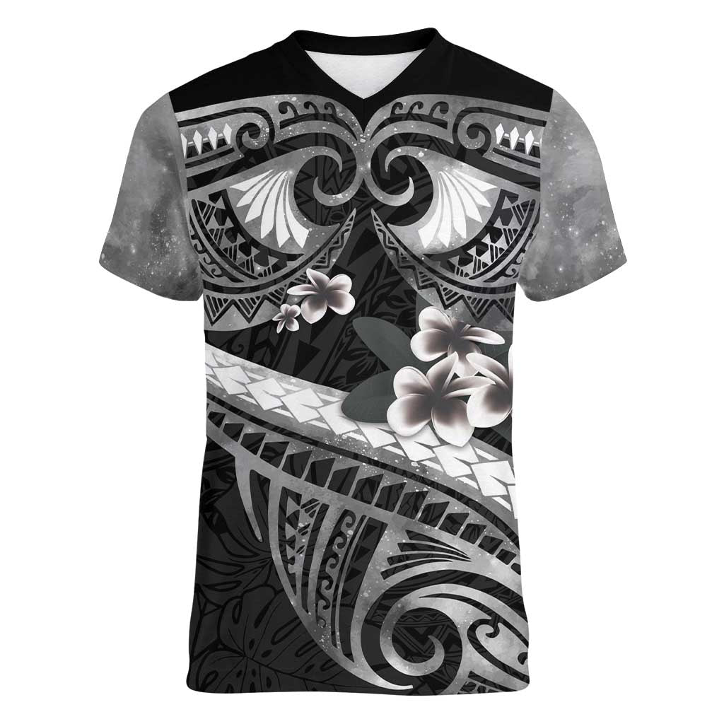 Black Polynesia Women V-Neck T-Shirt Tribal Pattern Tropical Frangipani