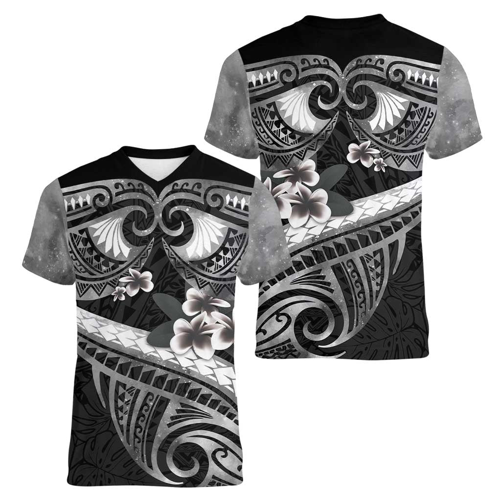 Black Polynesia Women V-Neck T-Shirt Tribal Pattern Tropical Frangipani