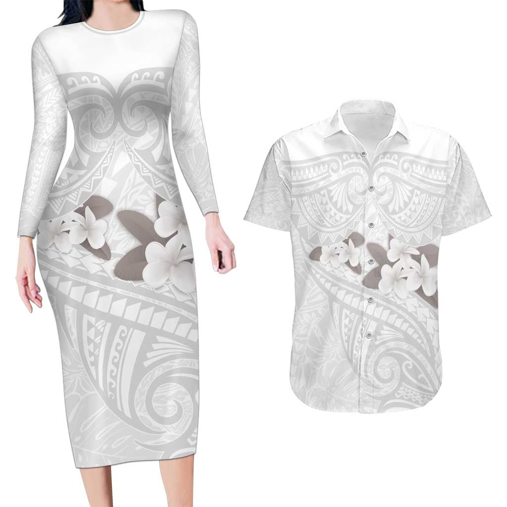 White Polynesia Couples Matching Long Sleeve Bodycon Dress and Hawaiian Shirt Tribal Pattern Tropical Frangipani