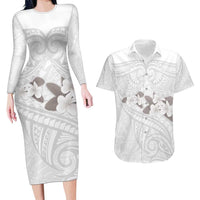 White Polynesia Couples Matching Long Sleeve Bodycon Dress and Hawaiian Shirt Tribal Pattern Tropical Frangipani LT14 White - Polynesian Pride