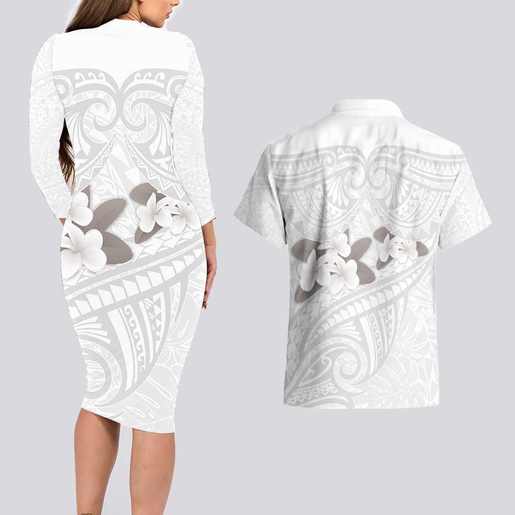 White Polynesia Couples Matching Long Sleeve Bodycon Dress and Hawaiian Shirt Tribal Pattern Tropical Frangipani LT14 - Polynesian Pride