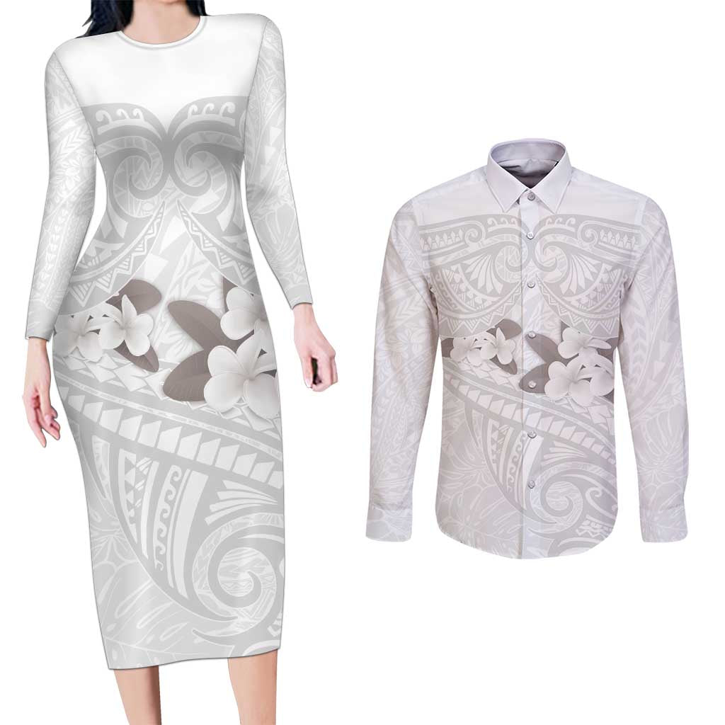 White Polynesia Couples Matching Long Sleeve Bodycon Dress and Long Sleeve Button Shirt Tribal Pattern Tropical Frangipani LT14 White - Polynesian Pride