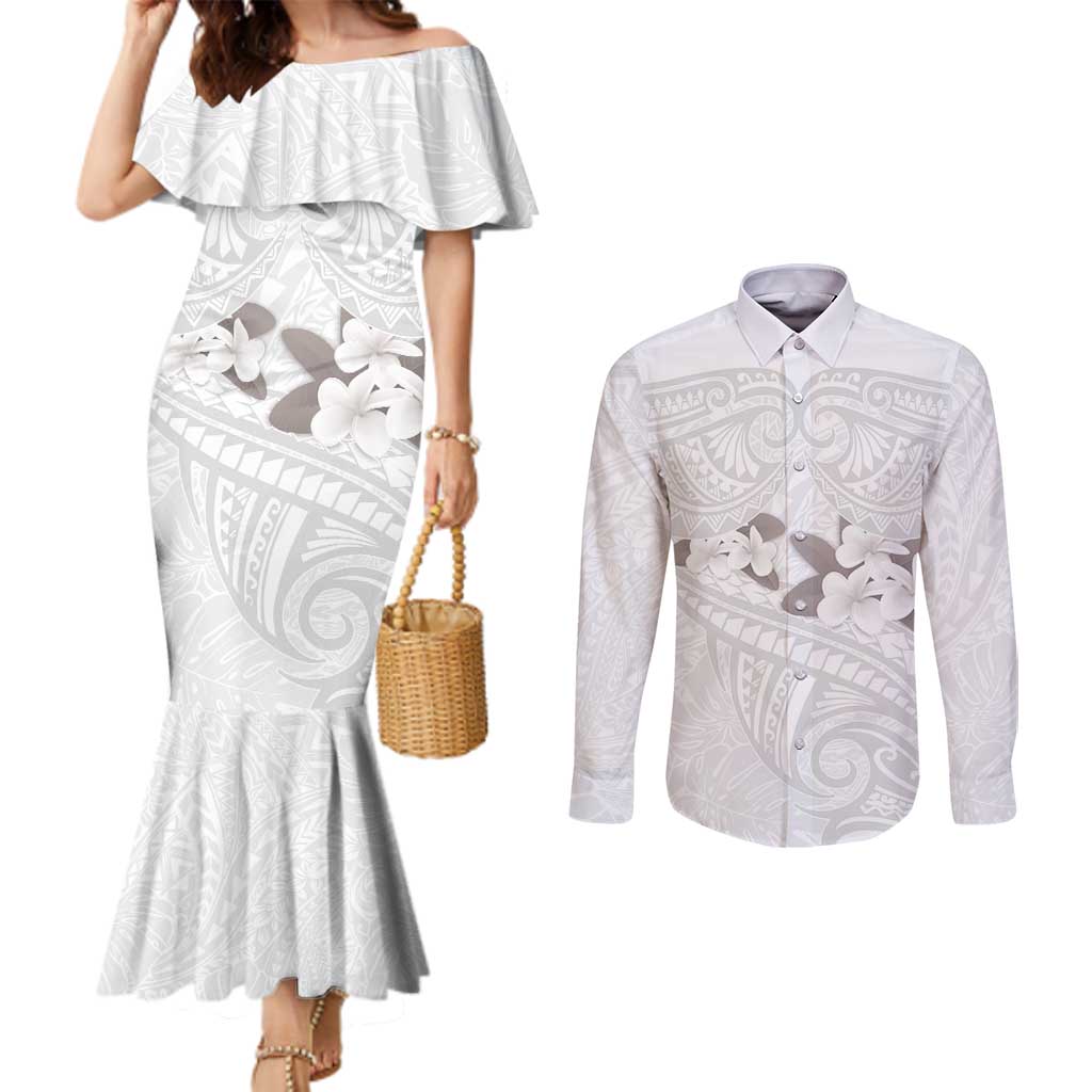 White Polynesia Couples Matching Mermaid Dress and Long Sleeve Button Shirt Tribal Pattern Tropical Frangipani LT14 White - Polynesian Pride