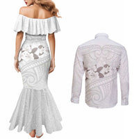 White Polynesia Couples Matching Mermaid Dress and Long Sleeve Button Shirt Tribal Pattern Tropical Frangipani LT14 - Polynesian Pride