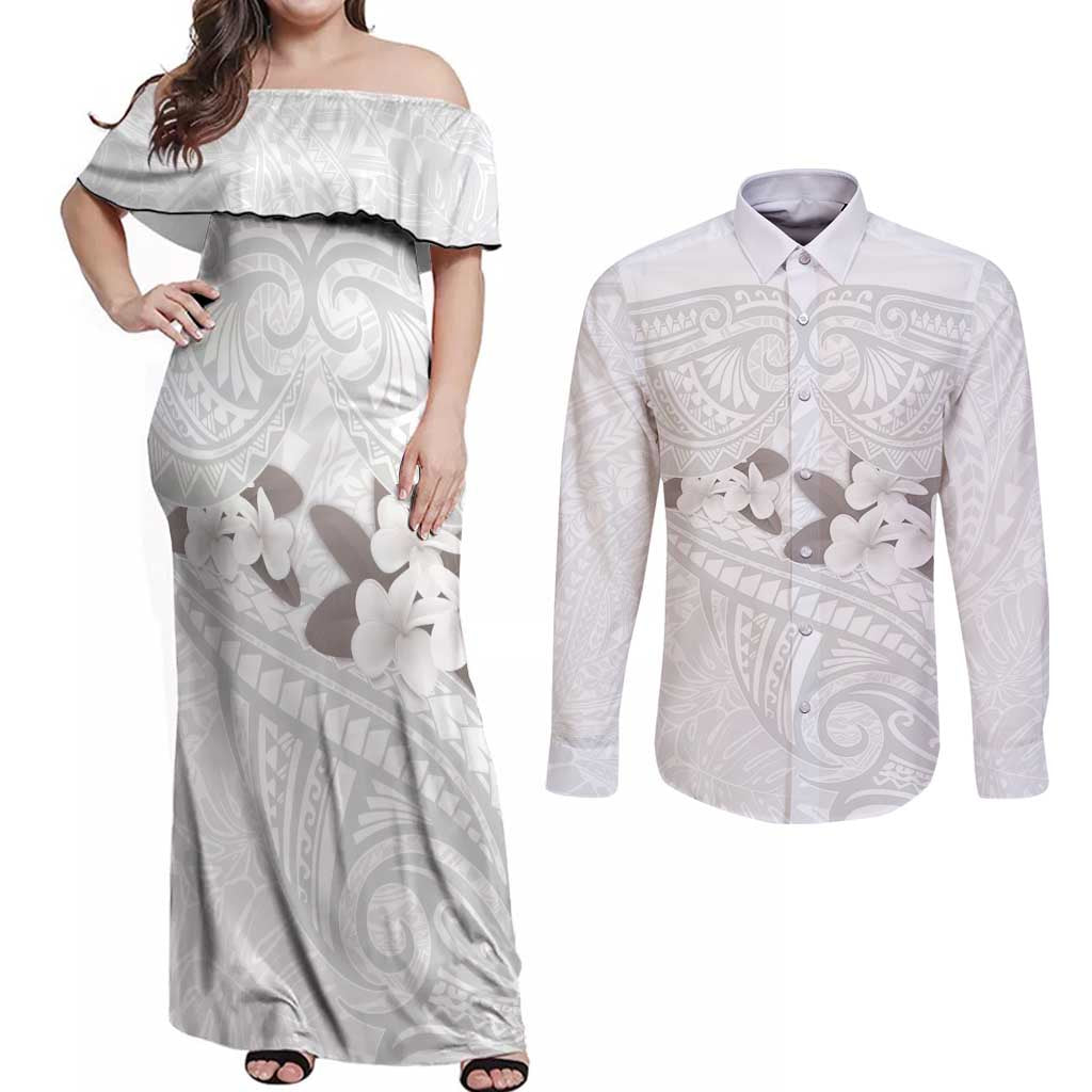 White Polynesia Couples Matching Off Shoulder Maxi Dress and Long Sleeve Button Shirt Tribal Pattern Tropical Frangipani LT14 White - Polynesian Pride