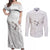 White Polynesia Couples Matching Off Shoulder Maxi Dress and Long Sleeve Button Shirt Tribal Pattern Tropical Frangipani