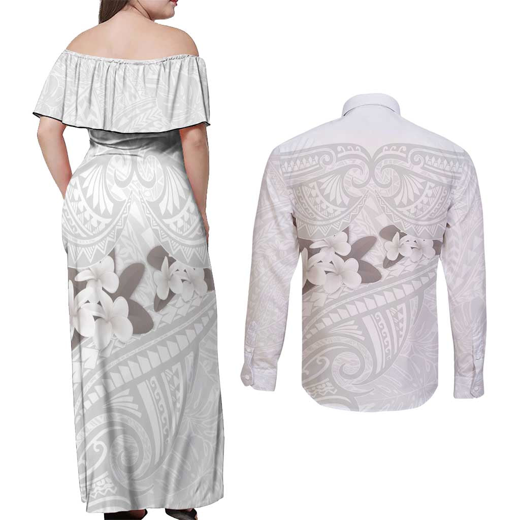 White Polynesia Couples Matching Off Shoulder Maxi Dress and Long Sleeve Button Shirt Tribal Pattern Tropical Frangipani LT14 - Polynesian Pride