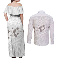 White Polynesia Couples Matching Off Shoulder Maxi Dress and Long Sleeve Button Shirt Tribal Pattern Tropical Frangipani LT14 - Polynesian Pride