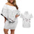 White Polynesia Couples Matching Off Shoulder Short Dress and Hawaiian Shirt Tribal Pattern Tropical Frangipani