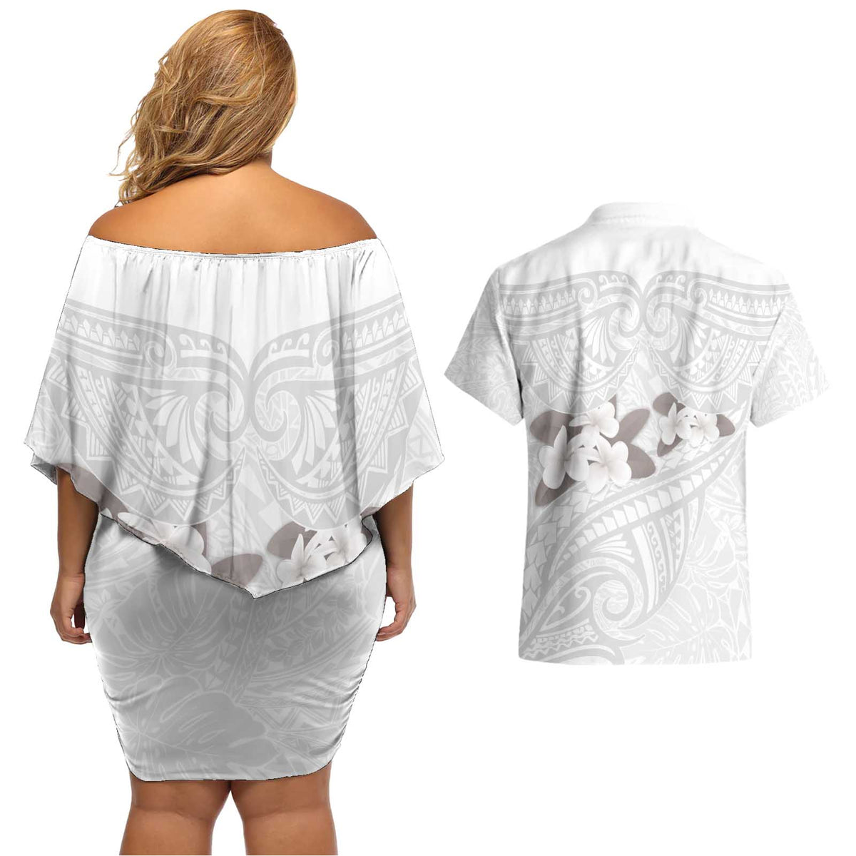 White Polynesia Couples Matching Off Shoulder Short Dress and Hawaiian Shirt Tribal Pattern Tropical Frangipani LT14 - Polynesian Pride